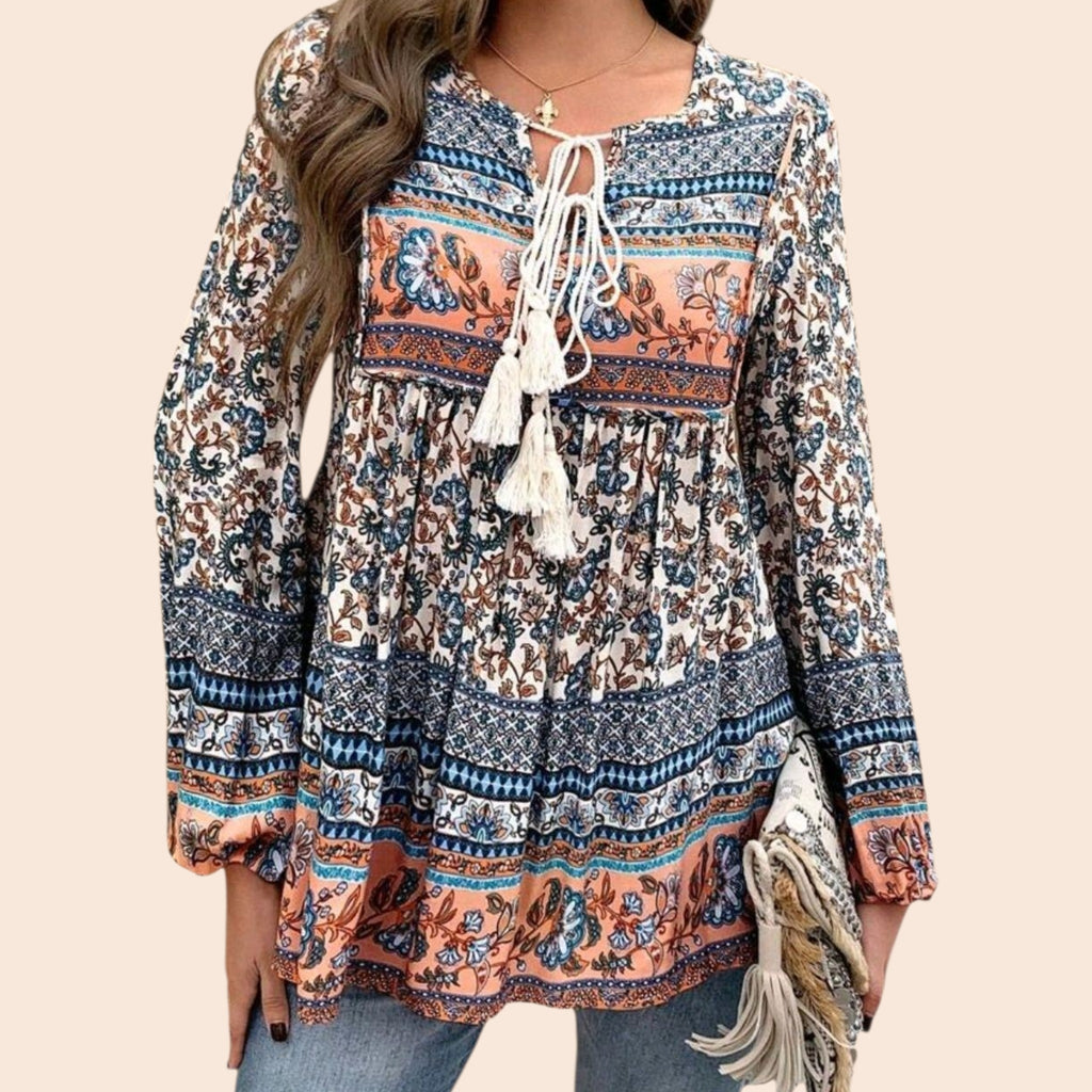 Women's Boho Blue & Peach Blouse | Long Sleeve with Tassel Ties – Size M
