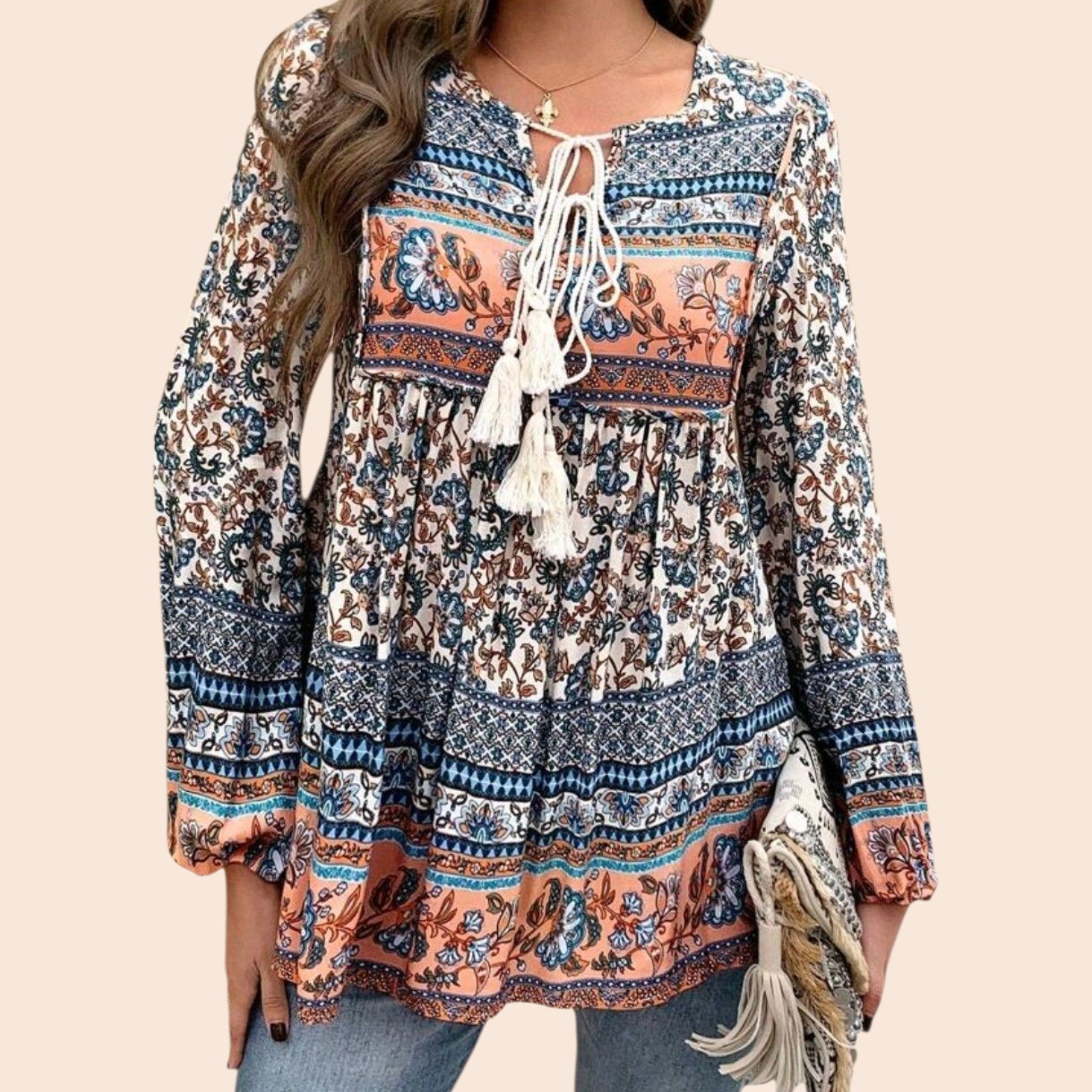 Women's Boho Blue & Peach Blouse | Long Sleeve with Tassel Ties – Size M