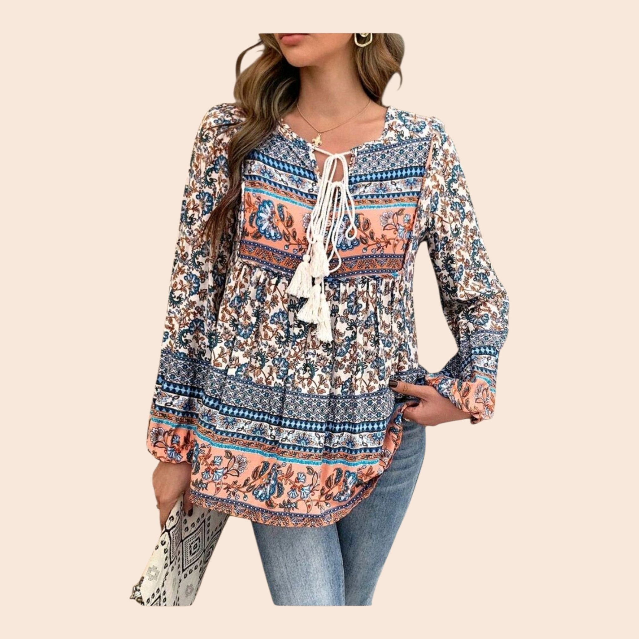 Boho (M) Blue with Peach Flowy, Long Sleeves Blouse with Tassel Ties.