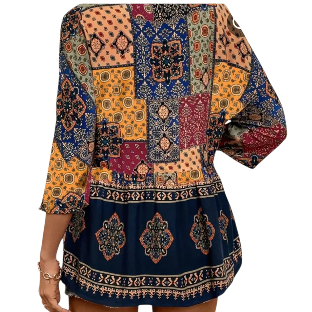 Women's Boho Patchwork Peplum Top | V-Neck 3/4 Sleeve with Ties – Size L