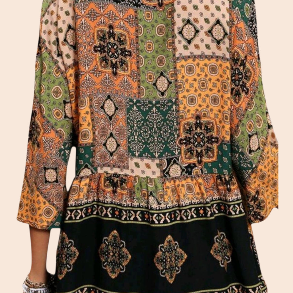 Women's Boho Patchwork Peplum Tunic | Earth Tone Long Top – Size S