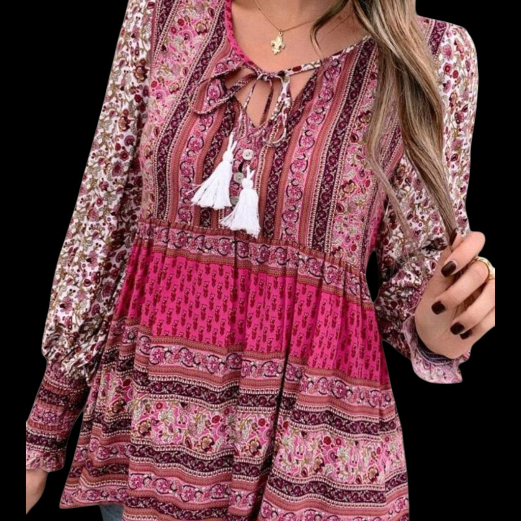 Women's Boho Rose Pink Peplum Blouse | V-Neck Tassel Detail Long Sleeve Tunic – Size XL