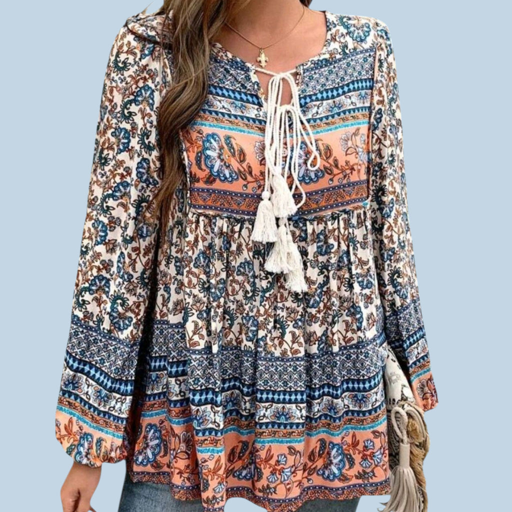 Boho (M) Blue with Peach Flowy, Long Sleeves Blouse with Tassel Ties.
