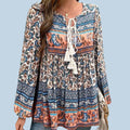 Boho (M) Blue with Peach Flowy, Long Sleeves Blouse with Tassel Ties.