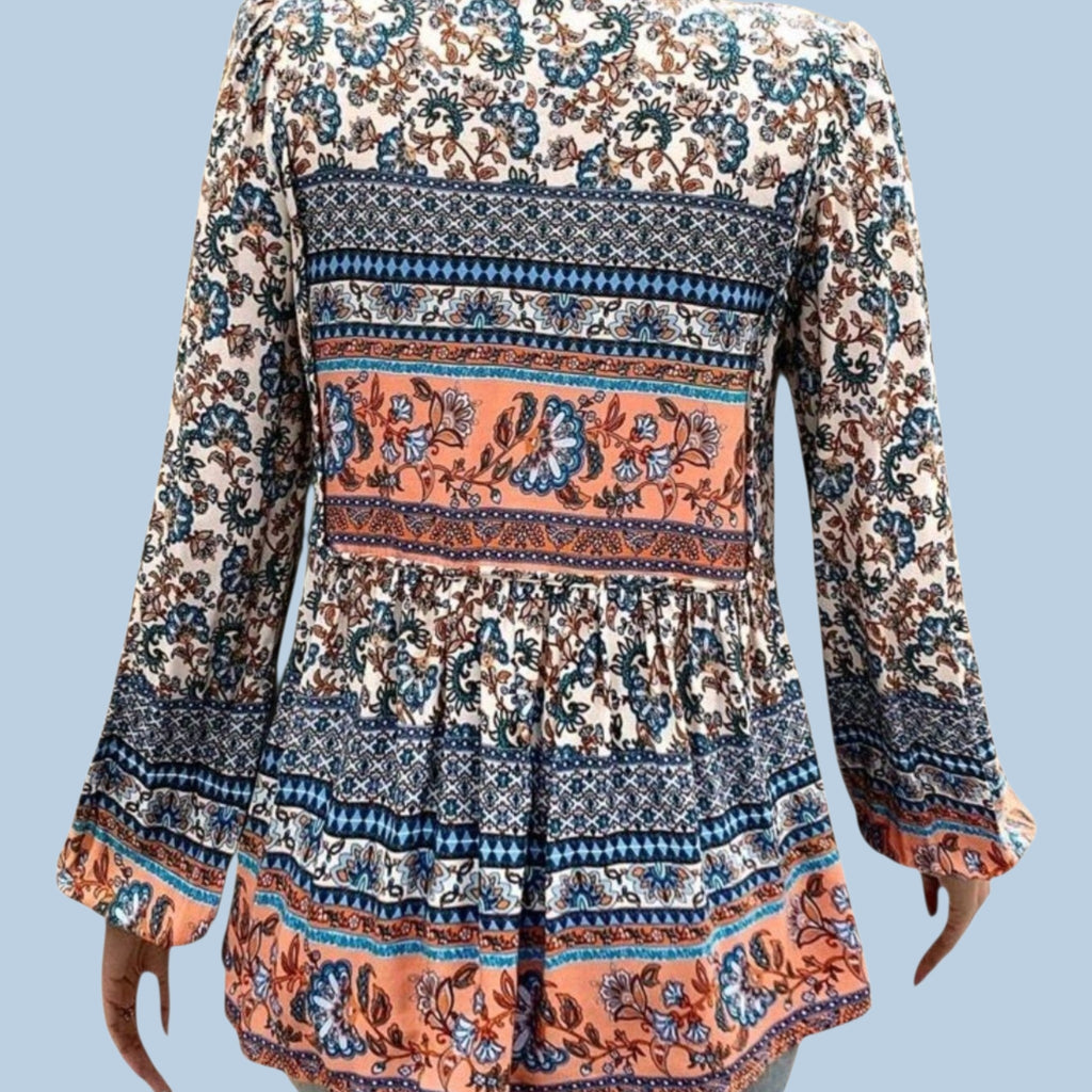 Boho (M) Blue with Peach Flowy, Long Sleeves Blouse with Tassel Ties.
