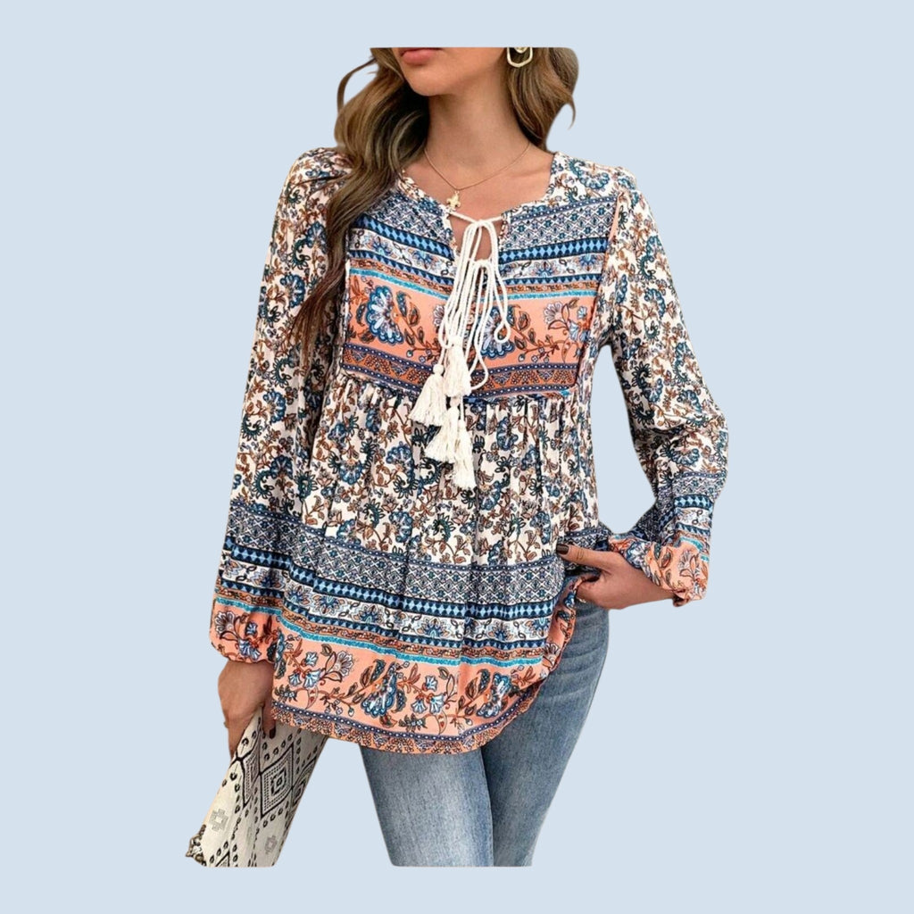 Boho (M) Blue with Peach Flowy, Long Sleeves Blouse with Tassel Ties.