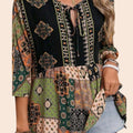 Bohemian Patchwork Peplum Tunic – V-Neck with Lace-Up Ties, 3/4 Sleeves – Size M