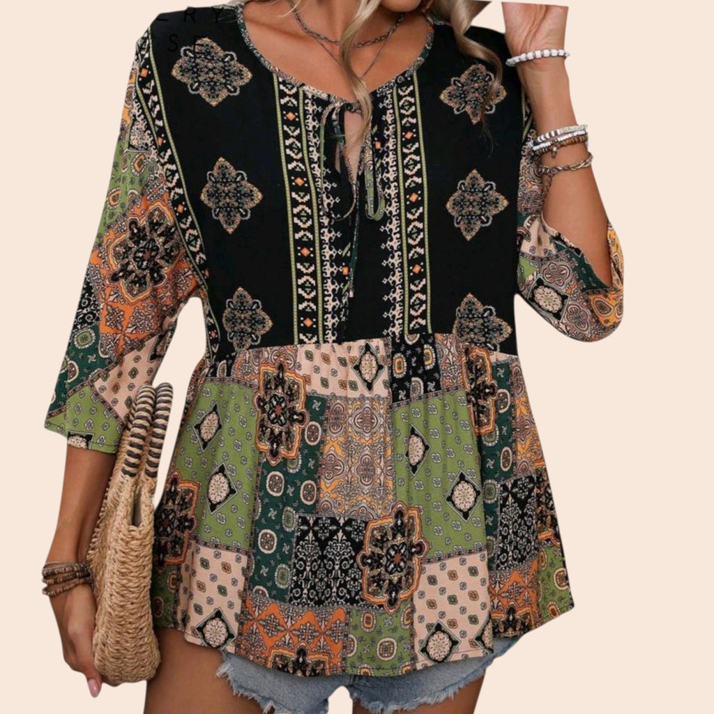 Women's Boho Patchwork Peplum Tunic | Earth Tone Long Top – Size S