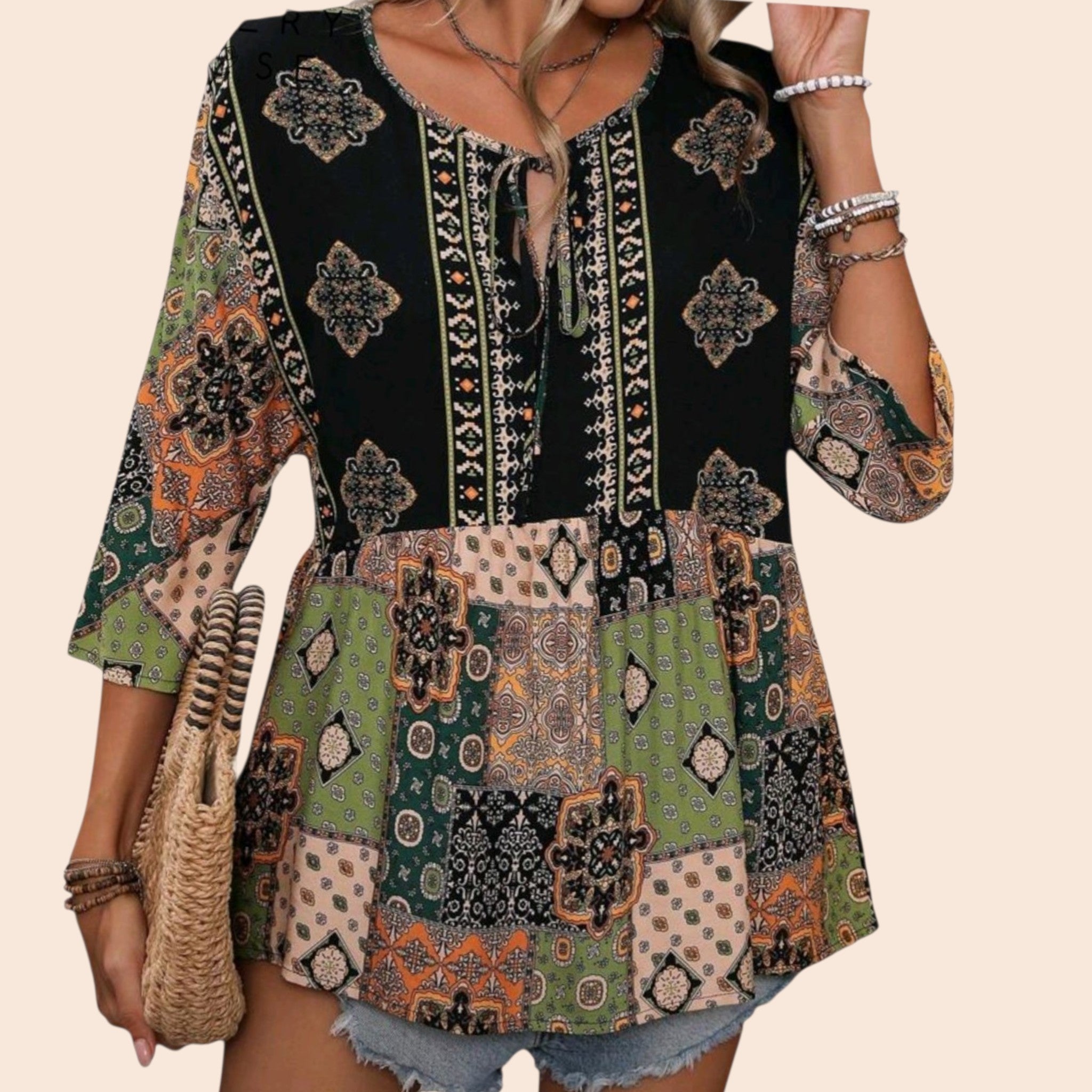 Women's Boho Patchwork Top | Fall Earth Tones & Jewel Colors, 3/4 Sleeve – Size XL
