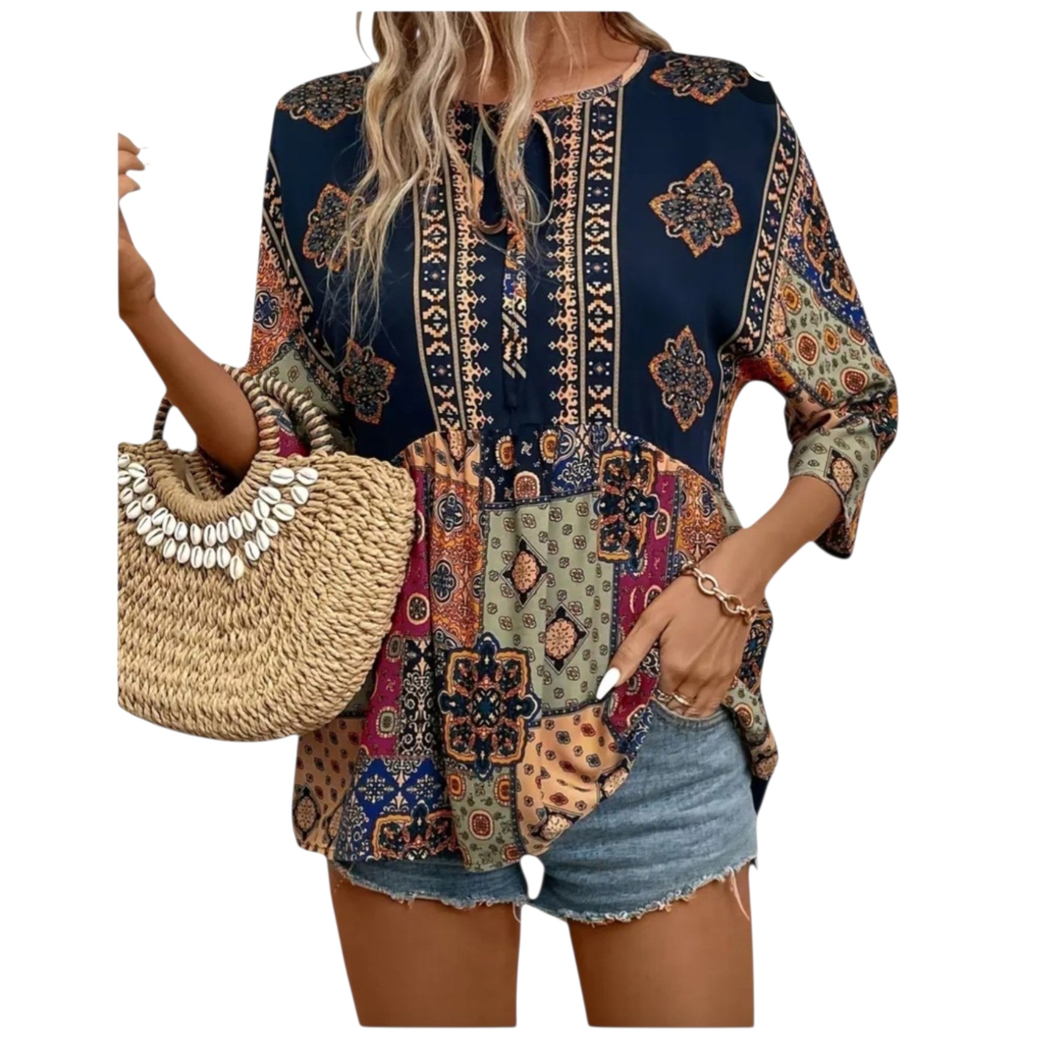 Women's Boho Patchwork Peplum Top | V-Neck 3/4 Sleeve with Ties – Size L