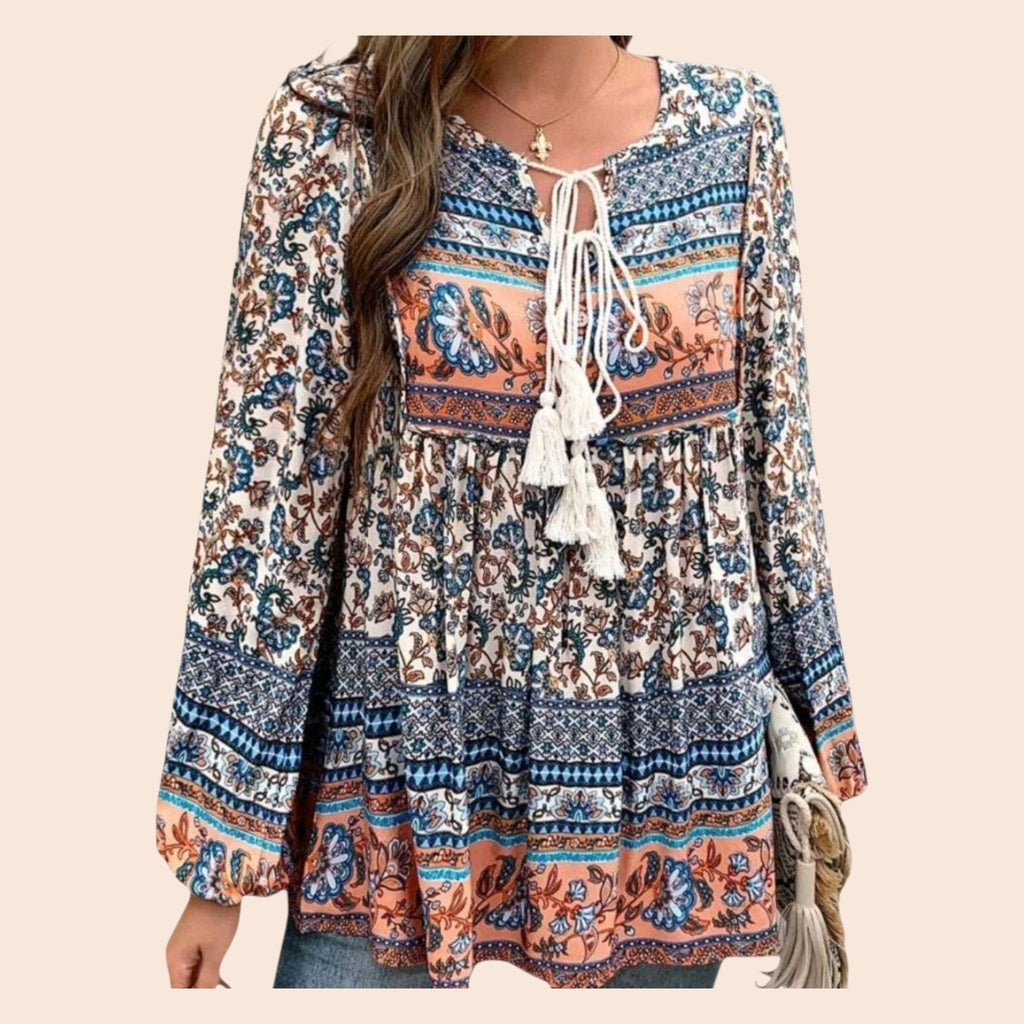 Boho (M) Blue with Peach Flowy, Long Sleeves Blouse with Tassel Ties.