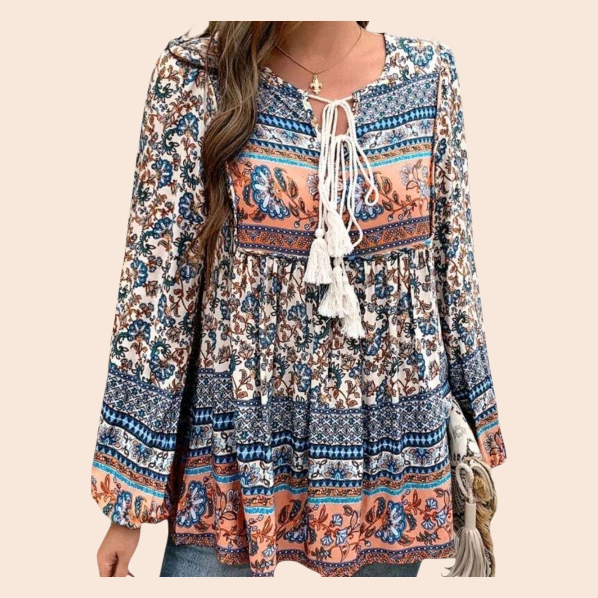 Boho Blue & Peach Long Peplum Blouse – Tassel Ties, Flowy Long Sleeves, Relaxed Fit | Size L (Large)