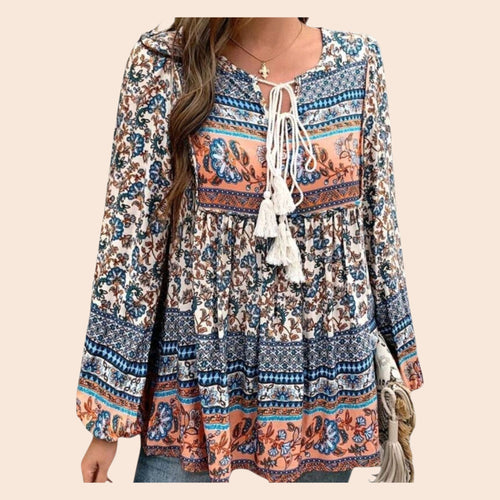 Boho (M) Blue with Peach Flowy, Long Sleeves Blouse with Tassel Ties.