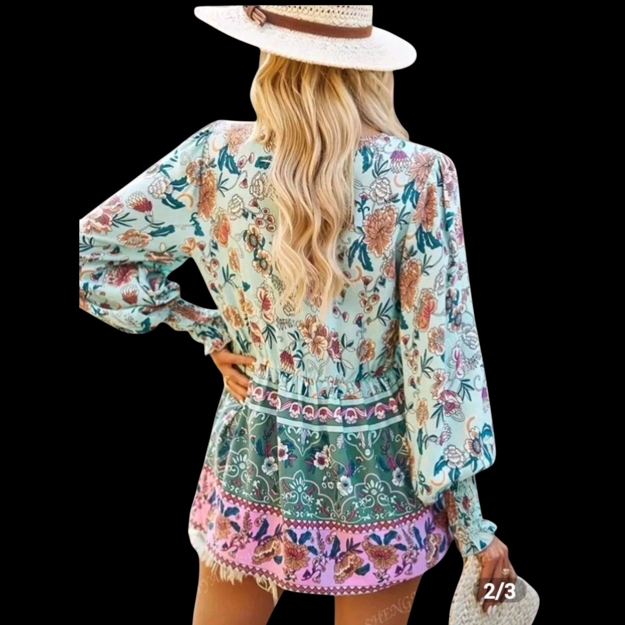 Women's Boho Peplum Tunic Top | Pink Blue Floral, V-Neck with Tassels & Buttons – Size XL